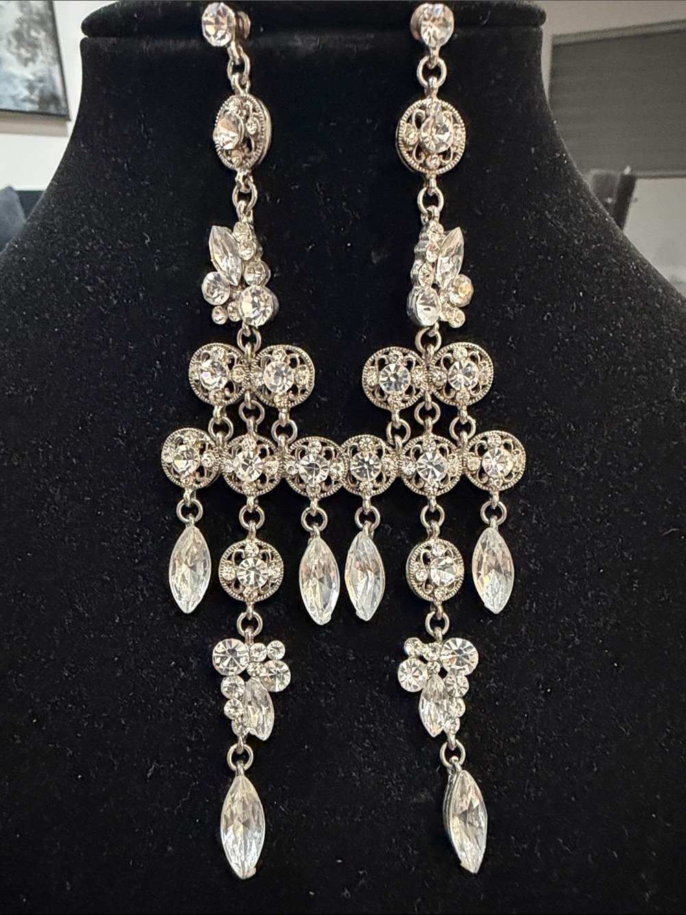 Elegant Crystal Chandelier Drop Earrings - Silver Tone